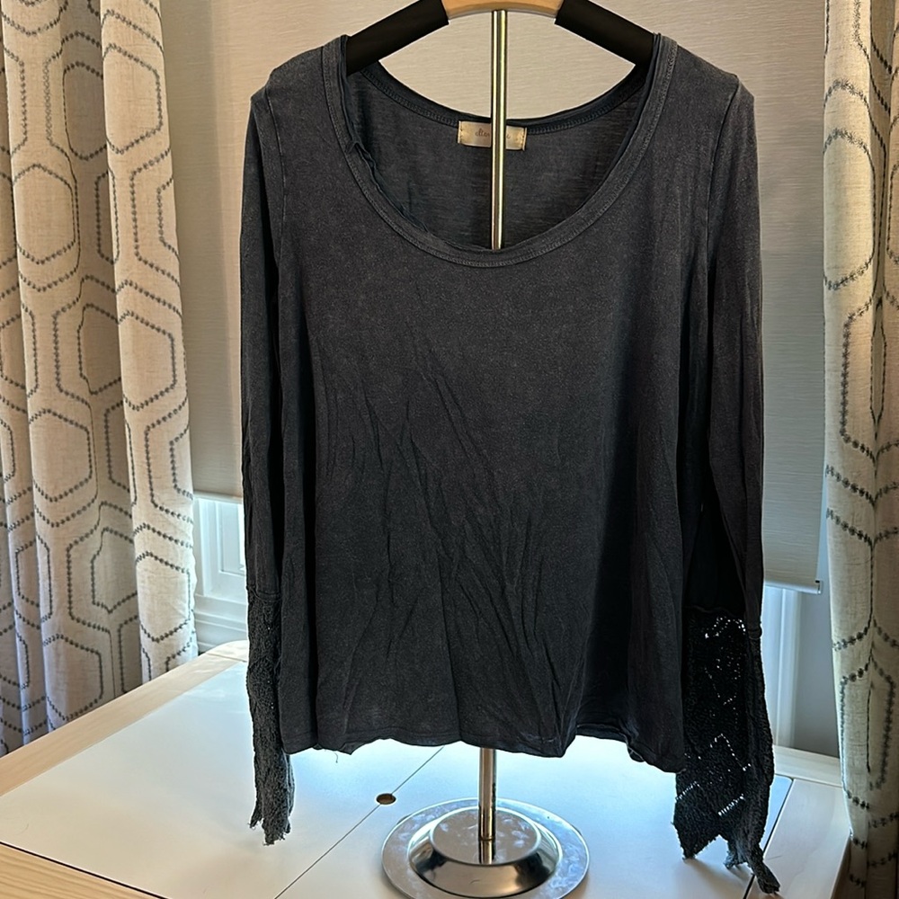 Altar’d State Distressed Dusty Blue Top Shirt with Lace Crochet Sleeves S